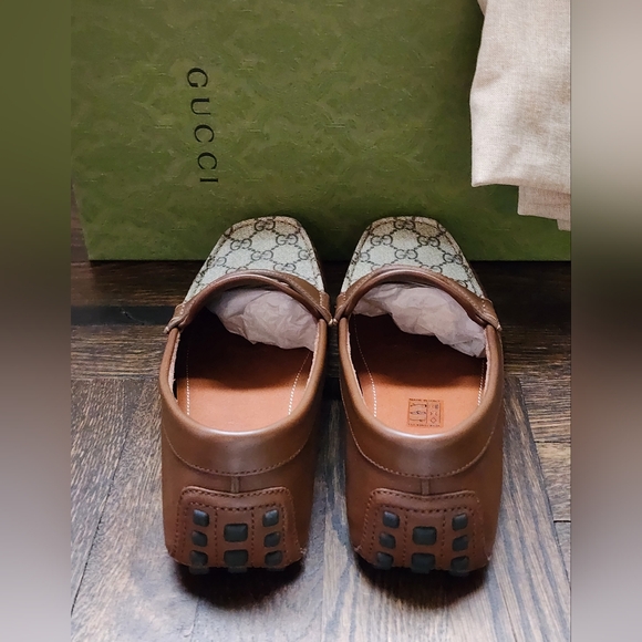 $850 New Gucci GG Interlocking Men Driver Loafer Brown Leather Shoes G 8/US 8.5 main image 4